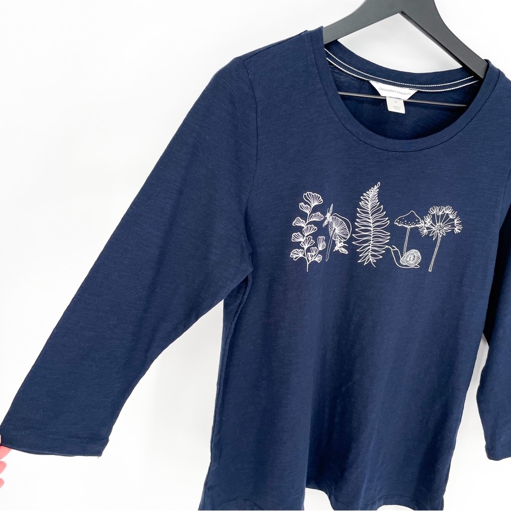 Christopher & Banks Mushroom Botanical 3/4 Sleeve Top Blue Medium - Picture 3 of 6